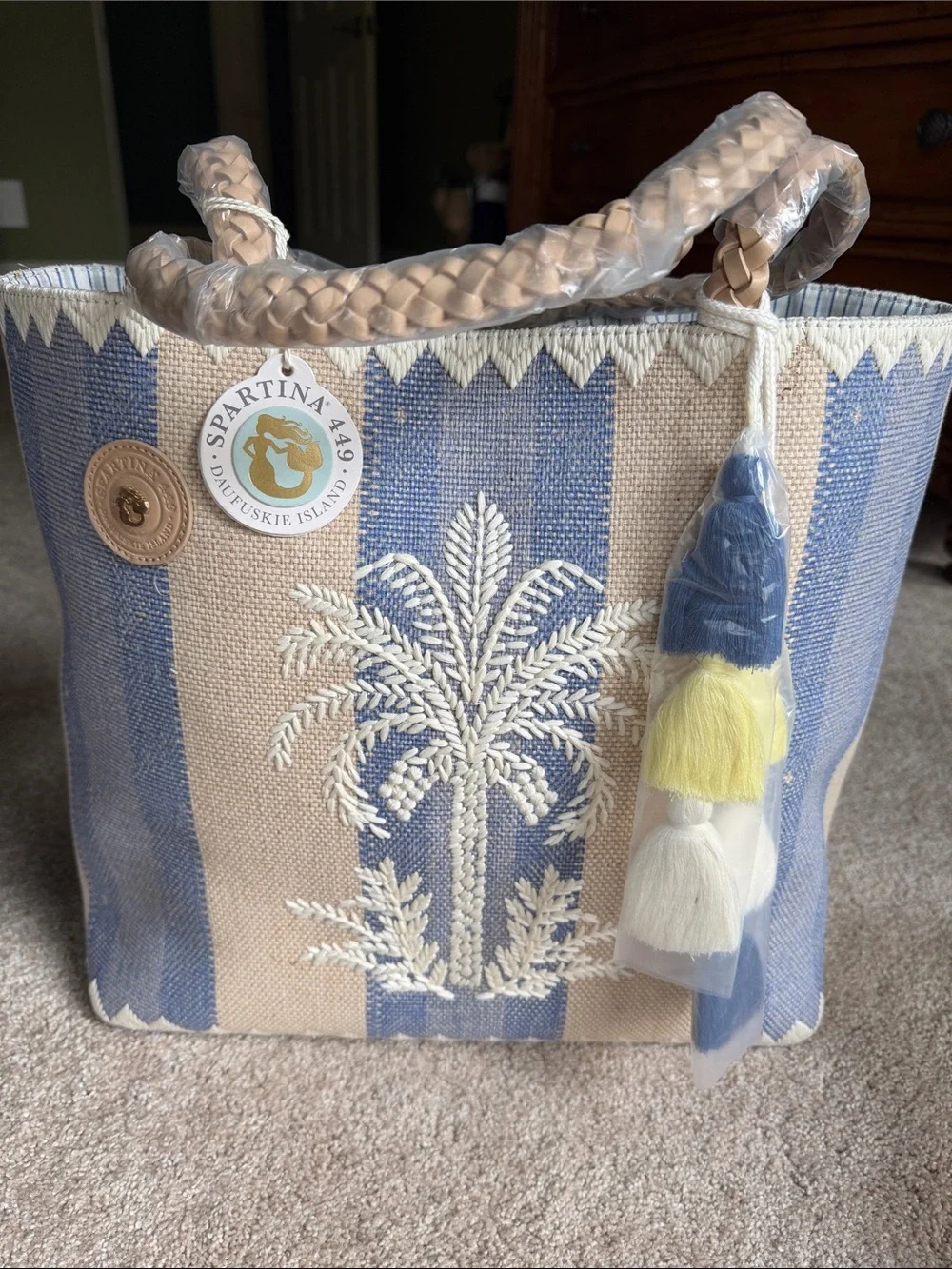 Spartina 449 Blue and Cream Striped Palm Tote with Tassels - Picture 1 of 6